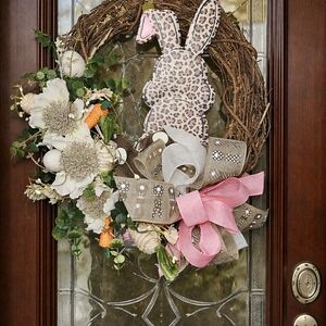 Leopard Bunny Easter Wreath Adorned With Pink and Cream Accents